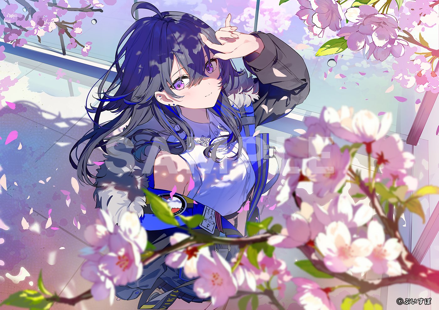 a lowangle illustration of an anime girl with long purple hair standing outdoors under a shower of cherry blossom petals. she's wearing a stylish outfit that includes a white top, a blue and black jacket with white fluffy trim, and a black skirt. the background is awash in soft pinks and blues from the cherry blossoms and the sunny sky, creating a cheerful and bright atmosphere.