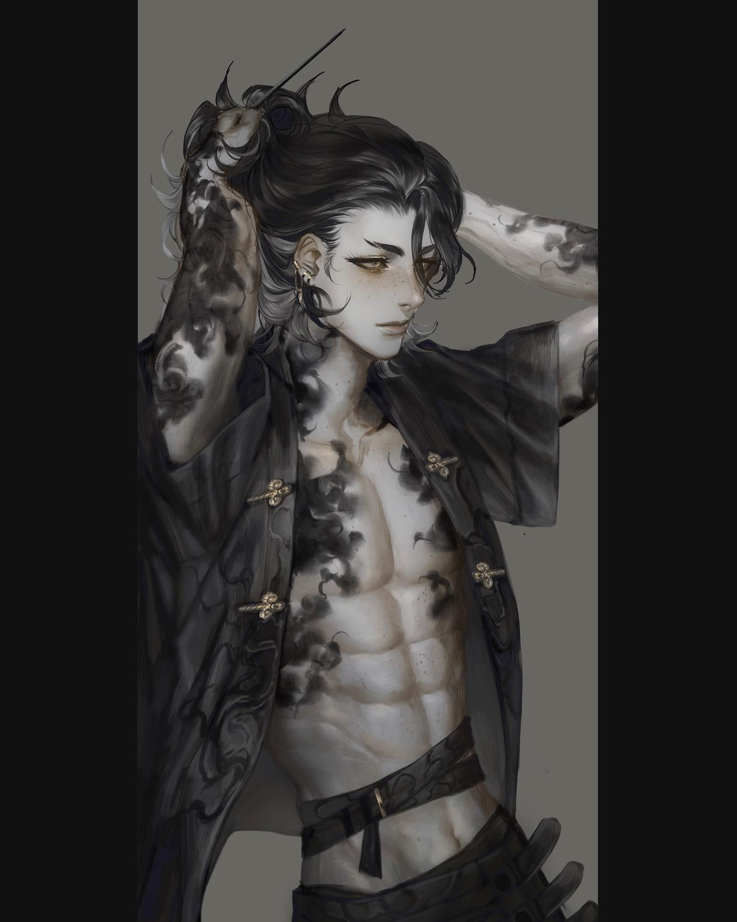 the image showcases a striking, androgynous male figure with flowing black hair partially tied up. he has intricate black tattoos resembling smoke or flames that wind across his arms, chest, and back. he's dressed in a dark, ornate robelike garment, left open to reveal his toned physique. the artwork is rendered in a muted grayscale palette, lending it a sense of ethereal beauty and mystery.