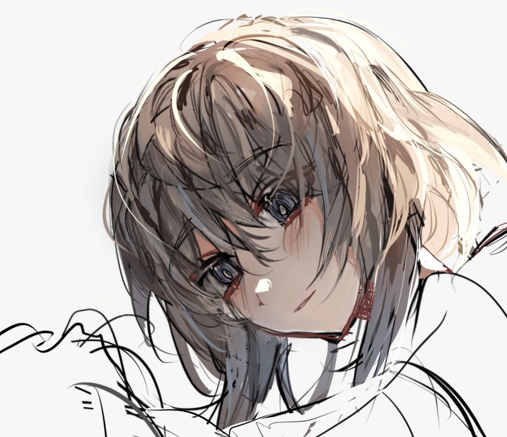 a digital illustration of an anime girl with blonde hair and blue eyes. she is drawn in a cartoon style, with her head turned to the side. she has a soft smile on her face, and her eyes are sparkling. the background is white, and there is a soft blur around her, which gives her a ethereal look.  the image is welldrawn and has a beautiful aesthetic. it is a great example of anime art.