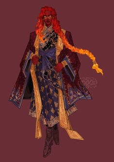 a digital illustration showcasing a character concept. the figure stands against a solid burgundy background, illuminated by soft, warm lighting. they have brown skin, striking red hair styled in long braids, and wear an opulent, richly detailed outfit in hues of blue, gold, and brown. the attire suggests royalty or high status within a fantasy setting.