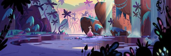 the image showcases a captivating jungle scene bathed in the warm hues of a setting sun. a lone female figure, draped in a flowing pink garment, stands pensively by a tranquil lake. lush vegetation, vibrant in shades of purple and blue, frames the scene. a cascading waterfall adds an element of dynamism, while the overall ambiance exudes an aura of tranquility and enchantment.