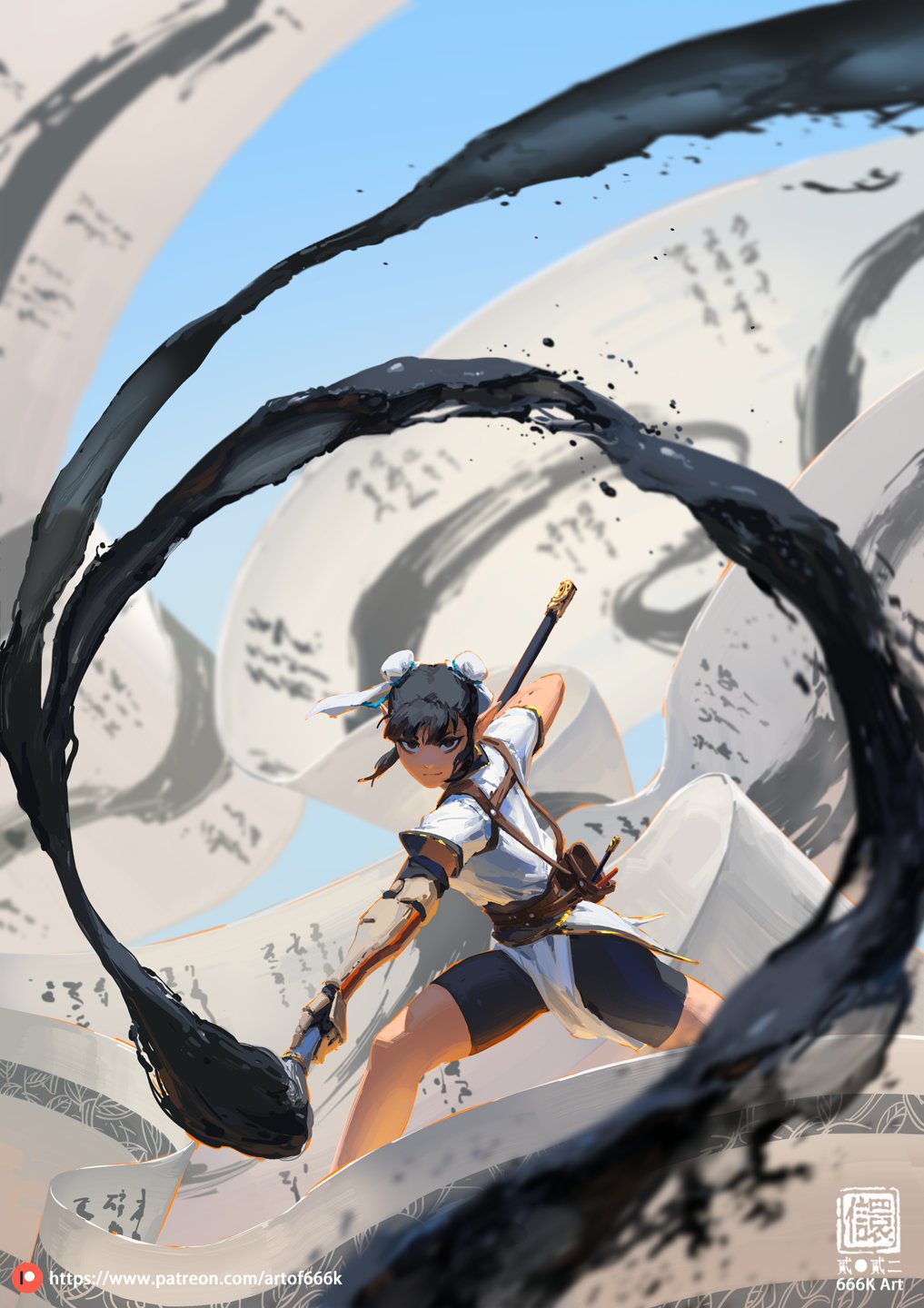 the image is a dynamic digital painting of an animestyle female warrior. she has short brown hair and is wearing a lightcolored, east asianinspired outfit.  she wields a long brush, from which dark black ink flows and swirls around her in a powerful, energetic display. she is surrounded by large scrolls covered in calligraphy. the overall style is a blend of anime aesthetics and traditional east asian art elements. the background is a bright sky and the ink is the main focus, suggesting speed and power. the artist's watermark and patreon link are visible in the lower left and right corners.