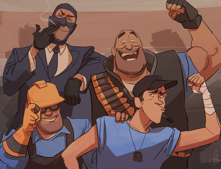 the image is a stylized digital fanart depicting four characters from the video game team fortress 2.  the characters are spy (in a suit, smoking), heavy weapons guy (large, muscular, celebrating), engineer (in a hard hat), and scout (wearing a cap). they are positioned closely together, suggesting a team or group dynamic. the art style is cartoonish but detailed, with a focus on expressive character designs and warm, muted colors.  the overall mood is one of confident camaraderie, possibly celebrating a victory.