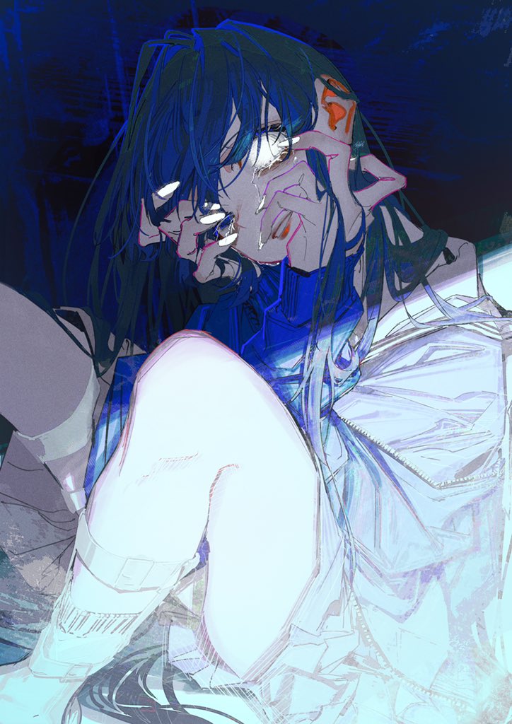 a digital illustration of an anime girl with blue hair crying. she is wearing a white shirt with a zipper and has her hands up to her face. the art is very detailed with a lot of different colors and textures. it is a closeup portrait of her face. the image is slightly blurred, but it is still possible to see all of the details. the art is welldone and has a lot of emotion.