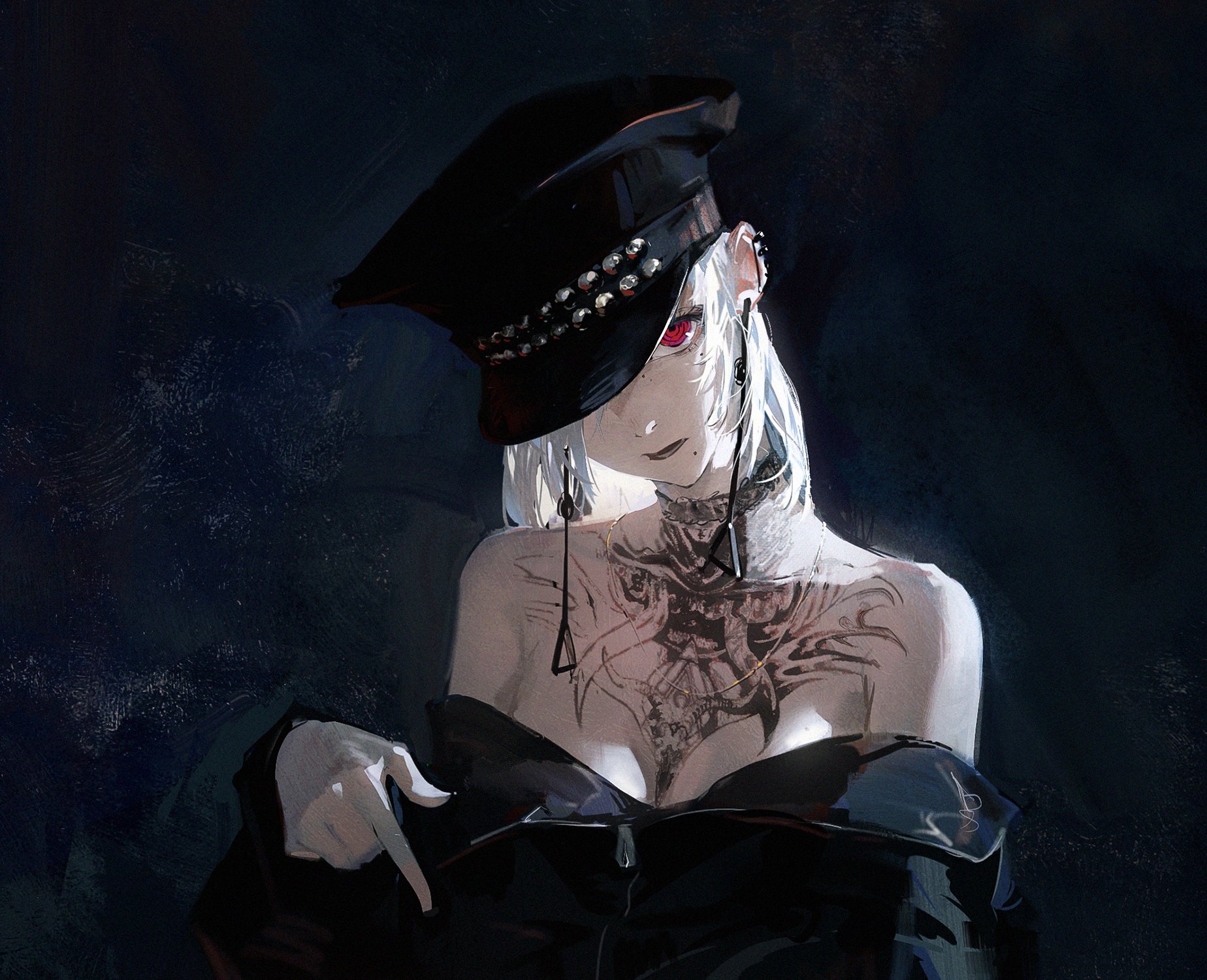 this digital artwork depicts an anime girl wearing a black hat and jacket. she has white hair and red eyes, and a tattoo on her chest. she's looking at the camera. the artwork is done in a realistic style.