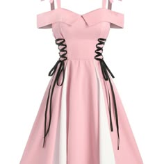 a pink dress with a sweetheart neckline and offtheshoulder straps. the dress is made of a soft fabric and has a flowy skirt with a black ribbon that laces up the front. this dress is perfect for a casual or semiformal occasion and would look great with a pair of heels or sandals. it is a stylish and feminine choice for any occasion.