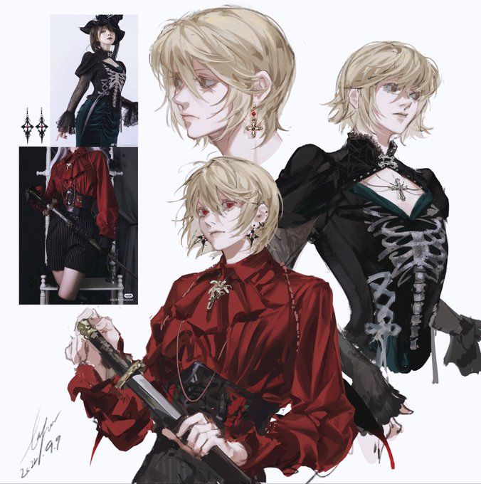 the image is a digital painting showcasing a character design. it features a young woman with blonde hair in various poses and outfits. one pose shows her in a red, ruffled, gothicstyle shirt with a black belt and sword.  another shows her in a darker, more gothic lolitastyle black top with a ribcagelike pattern, paired with a dark skirt. a third pose shows the same woman in a different outfit and hat. there are sketches of earrings and a cross pendant included, hinting at the character’s accessories. the style is reminiscent of anime and digital concept art, emphasizing details and aesthetics. the overall mood is dark, fashionable, and slightly mysterious.