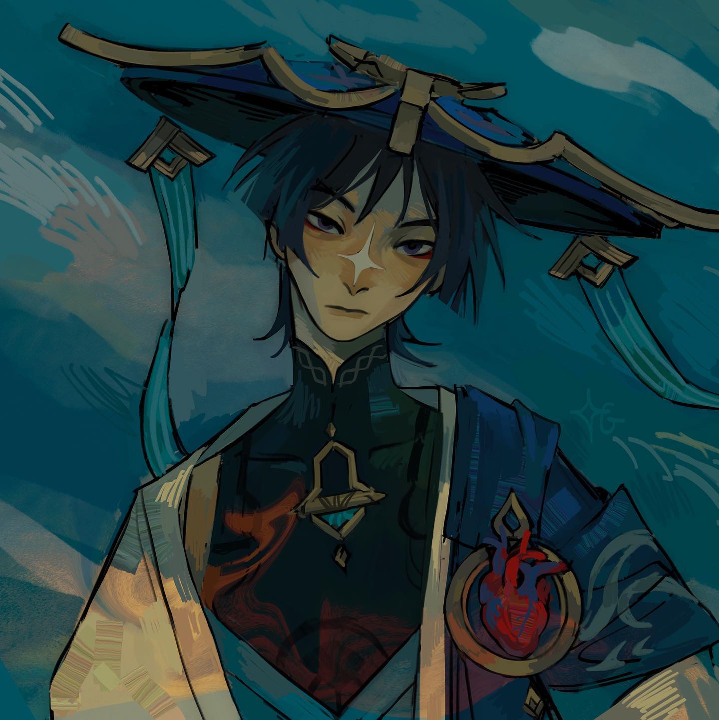 the image is a stylized digital painting or fanart depicting a male character that strongly resembles xiao from the video game genshin impact. he is the central focus, occupying most of the frame.  the character wears a dark blue and teal outfit adorned with intricate geometric patterns and a distinctive hat with long, flowing teal streamers. a prominent element is a golden circular emblem featuring a red heart. his expression is serious, almost stoic. the background is an abstract wash of blues and teals, suggesting a water or ocean theme, with brushstrokes giving it a dynamic feel. the overall artistic style is vibrant and painterly, with visible brushstrokes adding texture and depth. the lighting is dramatic, highlighting the character against the background.
