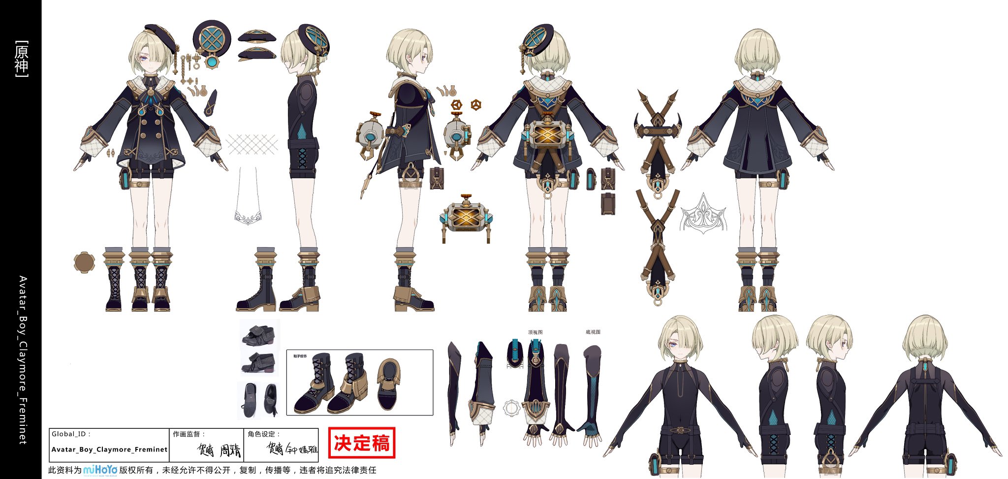 his is a character design sheet for freminet, a boy character from the popular video game genshin impact. the sheet includes various views of the character, including front, back, side, and top views. it also includes details of the character's clothing, weapons, and accessories. the sheet is likely used for reference by artists and developers working on the game.