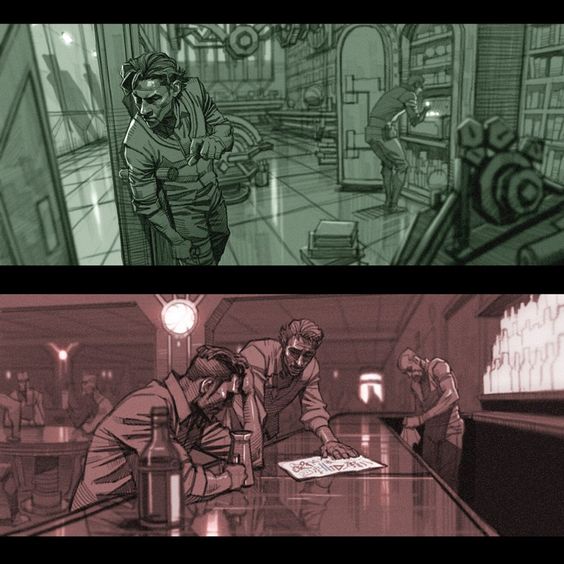 the image shows a bar scene. four men are sitting at a bar, talking and drinking. there is a bar counter in the background, which is illuminated by a light. the scene is dark and shadowy, making it feel like a night.