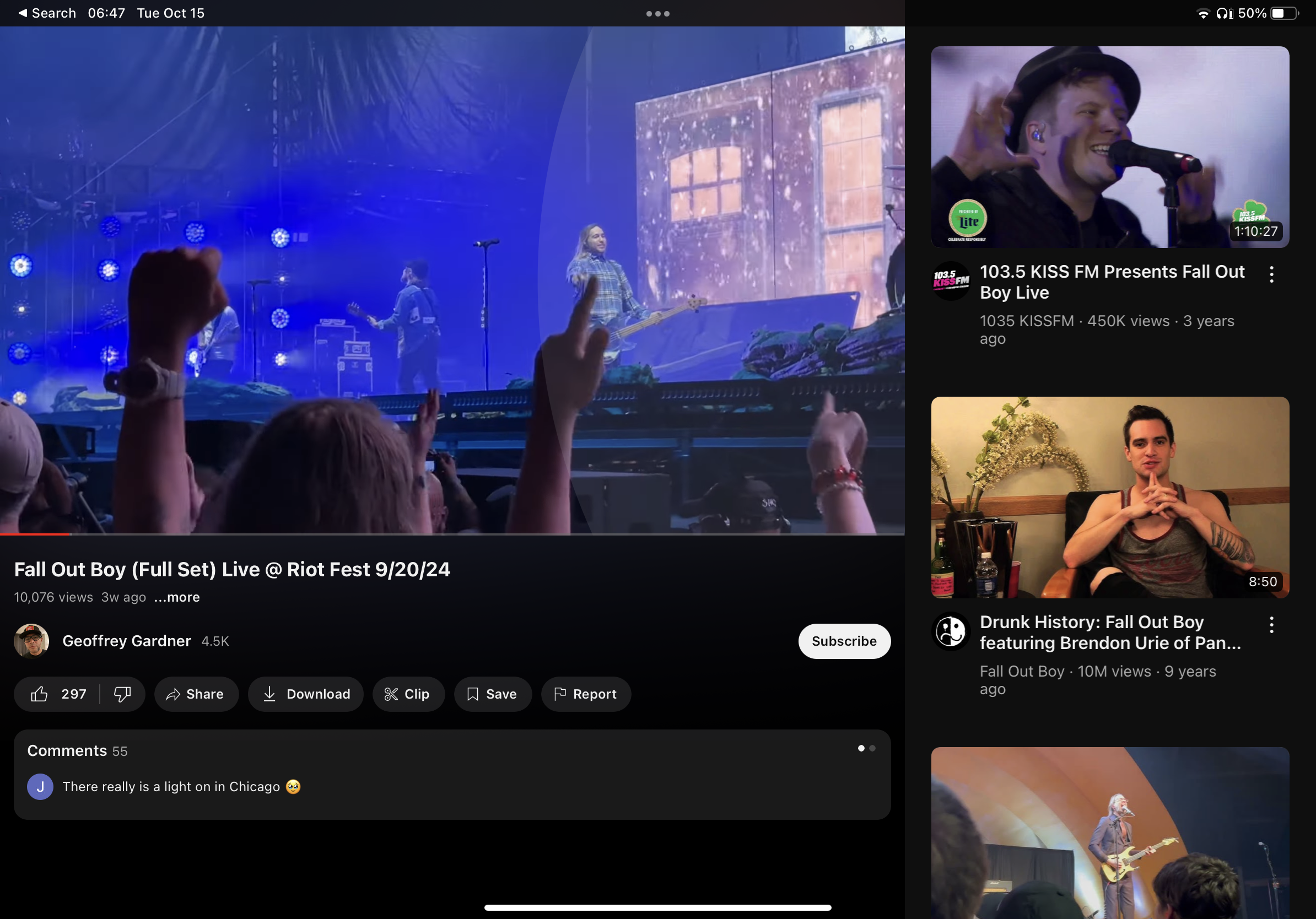 the image shows three youtube video screens. the top screen shows a live performance of fall out boy at riot fest. the middle screen is a video from 103.5 kiss fm, showing fall out boy performing on stage. the bottom screen is a video from drunk history, featuring fall out boy and brendon urie from panic! at the disco. all three videos are in portrait format.
