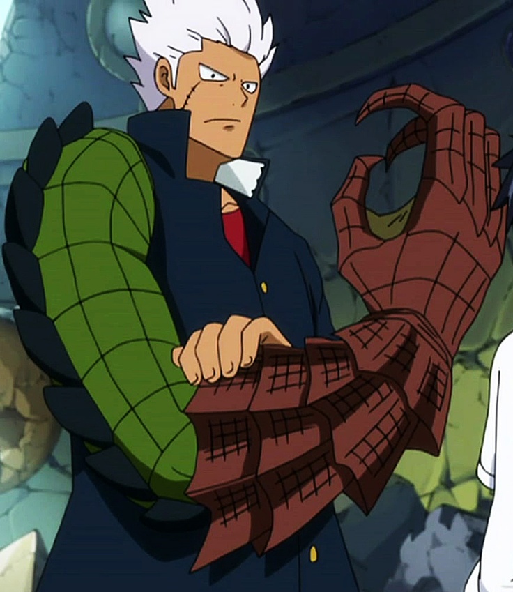 a closeup image of the anime character gajeel redfox from fairy tail. he is transforming into his iron dragon slayer mode, which is shown by the large, scaly, reddishbrown claw that is protruding from his arm. his other arm is covered with a green, scaled dragonlike arm. his face is concentrated and determined as he prepares to attack. his hair is white and spiky.