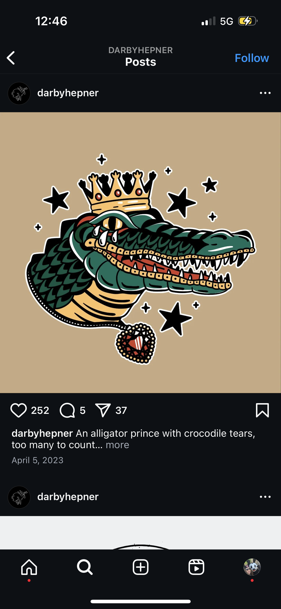 the image is of a cartoon alligator prince with a crown, surrounded by stars. the caption says "an alligator prince with crocodile tears, too many to count...", which suggests that the alligator is sad. the illustration is colorful and whimsical, and the alligator has a cute, friendly expression. it is likely a tattoo design.