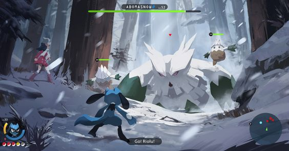 the image depicts a scene from a pokémon video game, where a trainer is engaged in a battle with a large abomasnow in a snowy forest. the trainer, wearing a red jacket, stands in the background to the left, with two smaller pokémon visible in front of them. the abomasnow, a large white pokémon with green markings, is the focus of the image, standing menacingly in the center. the environment is a snowy forest with tall trees lining the background, and a soft, natural daylight illuminates the scene.  the perspective is thirdperson and slightly elevated, allowing the viewer to observe the battle from a vantage point.