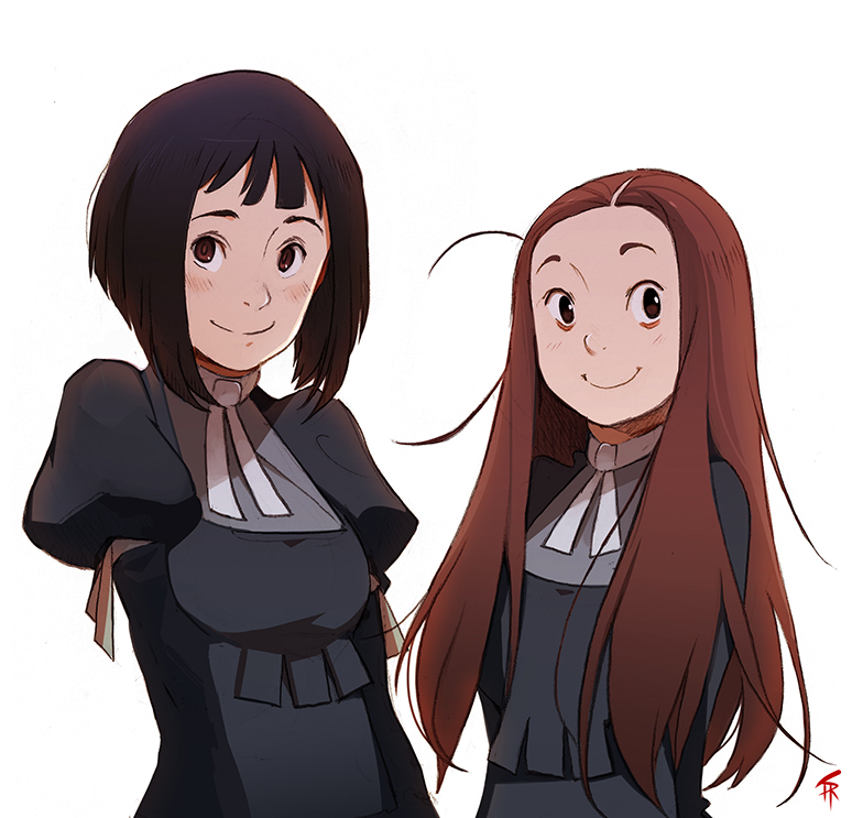 two anime girls in what seems to be a uniform are happily posing for a picture. one has black hair and the other has brown hair.  the background is a white void.