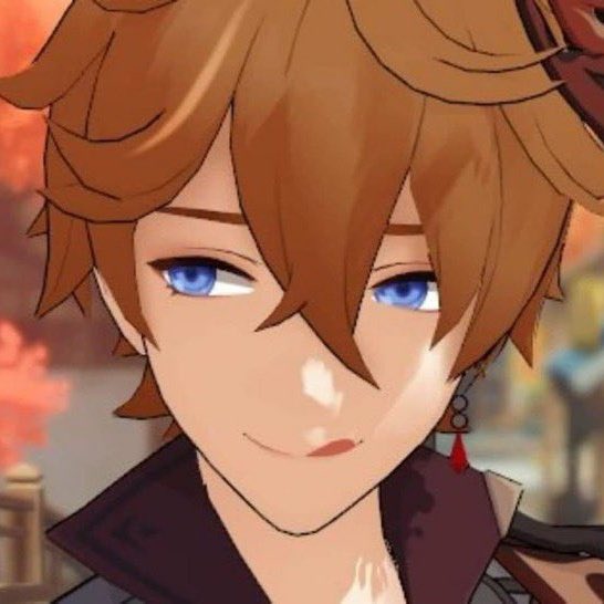 this is a closeup portrait of albedo from genshin impact. he is a male anime character with brown hair and blue eyes. he has red earrings and is smiling as he looks at the camera. the art style is animeinspired and is drawn digitally.