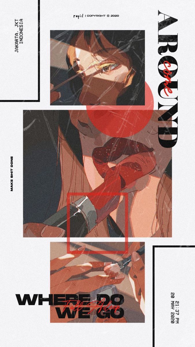he image is a visually striking poster featuring a collage of stylized illustrations of a woman. the overall aesthetic is a blend of vintage and modern elements. the color palette is dominated by reds, browns, and creams. the main focus is on the woman's face and lips, accentuated by the red lipstick.  the style is reminiscent of 90s fashion and grunge aesthetics, but with a modern, clean approach. the text on the poster includes the title "around", "where do we go", location details, and copyright information. the illustrations suggest a mood of mystery and allure.