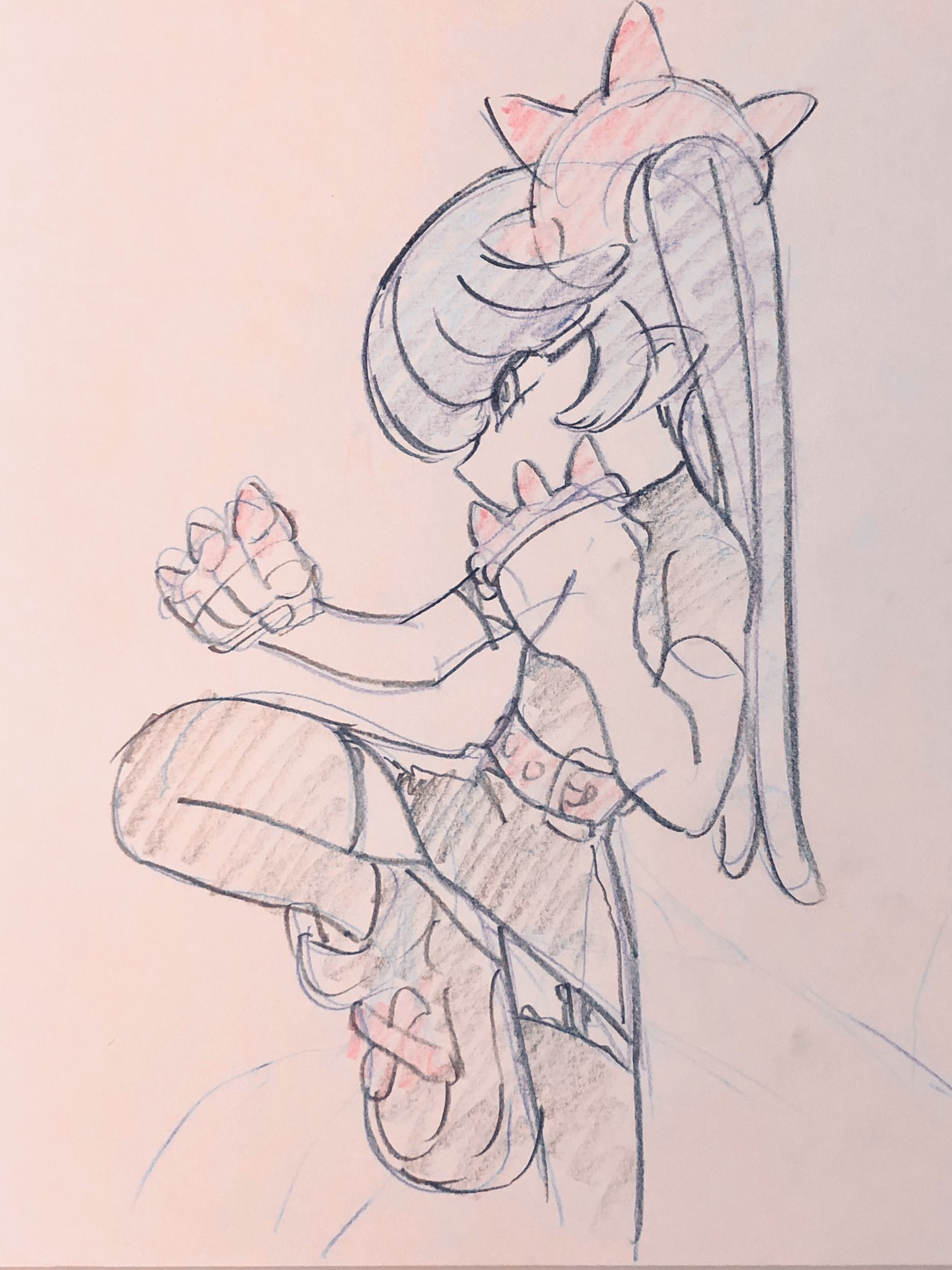 a pencil sketch of a young woman with spiky hair in a dynamic, actionoriented pose. she's kicking with one leg extended and fists raised, suggesting she's about to strike or is in the middle of a fight. she's wearing a sleeveless top, a short skirt, gloves, and boots,  giving her a sporty and somewhat rebellious look. the sketch has a loose, energetic style typical of concept art or character design.