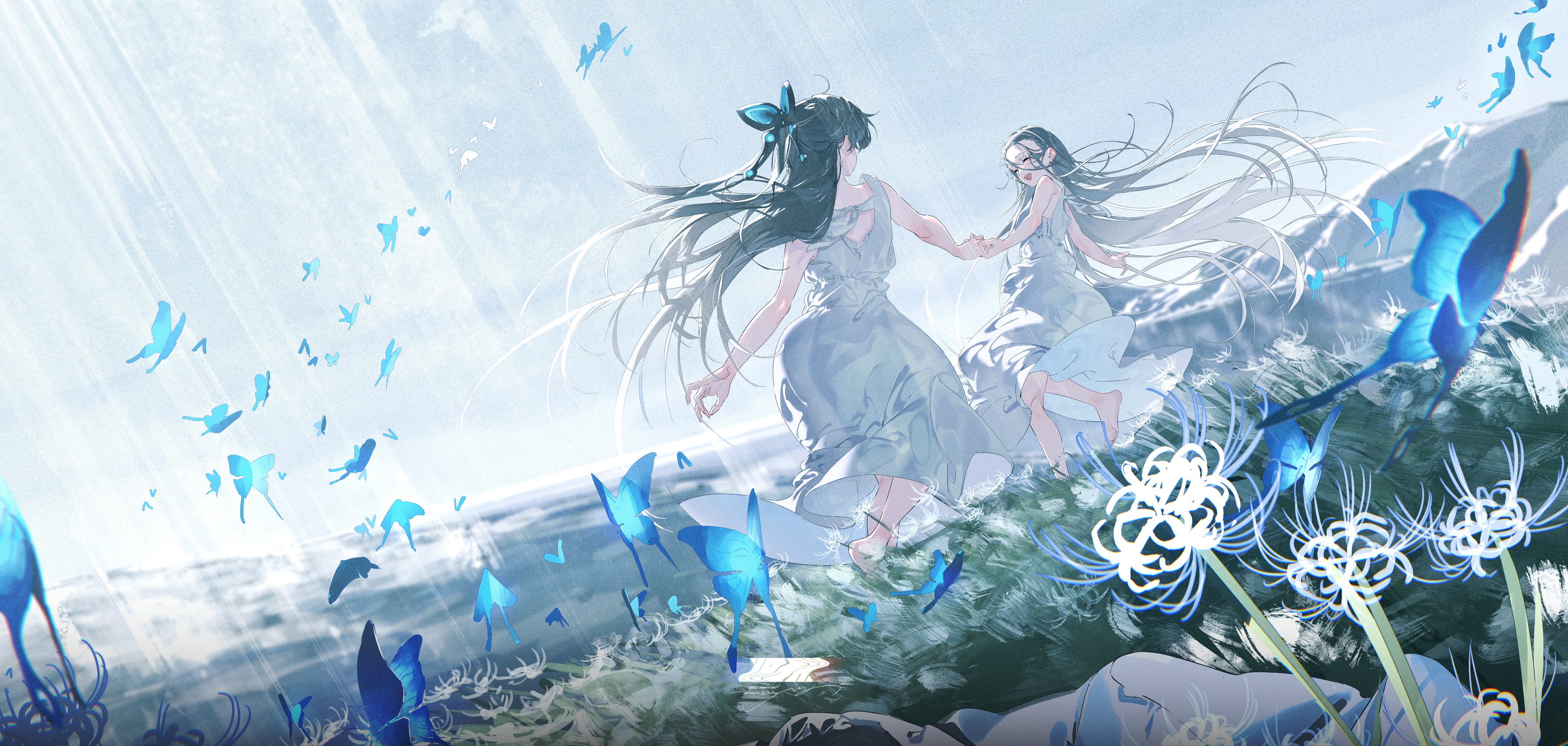 the image depicts two young women, one with black hair and one with long white hair, standing on a beach surrounded by beautiful white flowers and blue butterflies. the background is a soft blue sky and a calm, clear ocean. the two women are dressed in white, flowing dresses, and are facing each other with smiles on their faces. the scene is peaceful and serene, and the butterflies add a touch of magic and beauty to the image. the soft colors and the delicate details make it a beautiful and enchanting illustration.