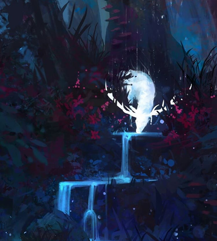a digital painting depicts a dark, fantasy forest scene with a multitiered waterfall as the central element. a luminous white orb, possibly a spirit or mystical object, rests above the top tier of the waterfall, surrounded by stylized plants with purple and red blossoms. the scene is bathed in shades of blue and purple, with a strong contrast between the light emanating from the orb and the surrounding shadows. the forest is lush and overgrown, featuring mossy rocks and dark, leafy trees. the overall atmosphere is calm, peaceful, and surreal.