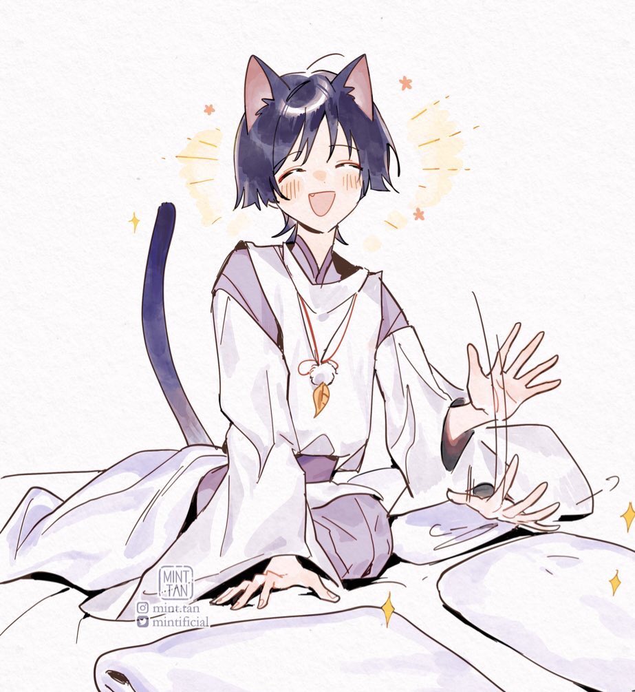 an anime character with cat ears and a big smile is sitting on a bed wearing a white kimono. they are wearing a purple sash and a pendant with a white furry pom pom and a leaf. the character has dark hair, and is wearing a white kimono with a white fur collar. they are looking at the camera with a wide grin and raising their hands in the air.  a fluffy cat tail is curled around their body. the image is drawn in a soft style with pastel colors.