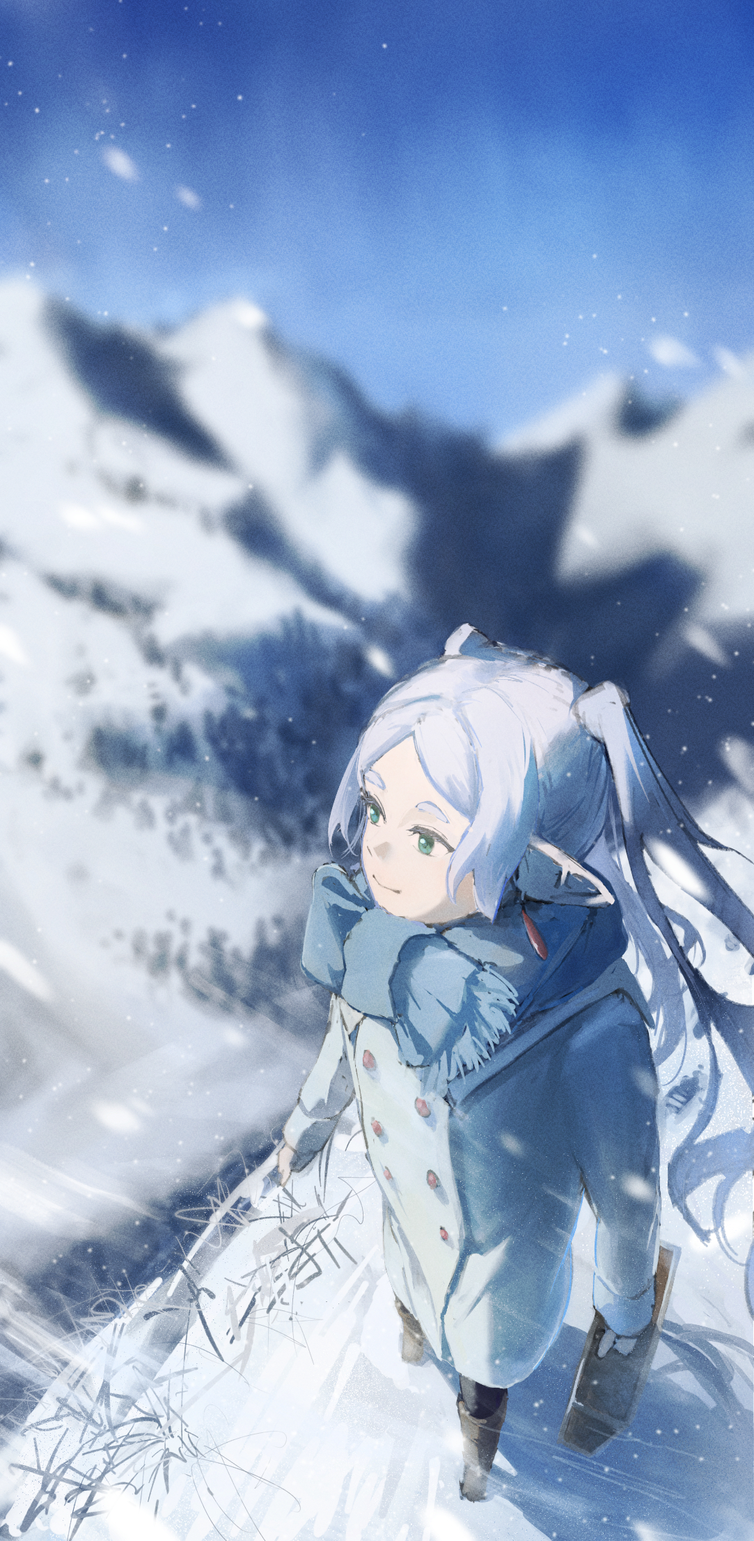 a young, whitehaired elf girl wearing a grey winter coat, black boots and a blue scarf stands on a snowy mountain peak. she is looking up with a content smile, her blue eyes shining. she carries a book in her left hand. the environment is snowy and mountainous, with a bright, sunny sky above. the perspective is from a worm's eye view, looking up at the girl.