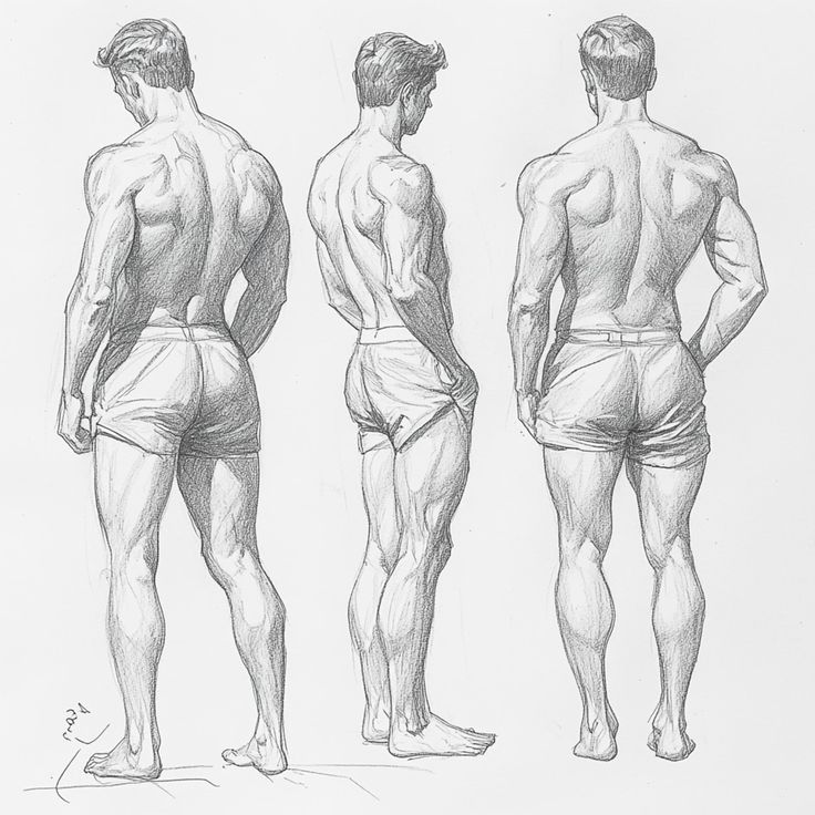 this image contains three pencil sketches of a male figure from the back and side, showcasing detailed anatomical accuracy, particularly the musculature. the figures are depicted wearing shorts, allowing a clear view of the back and legs. the artist has captured the human form with remarkable realism.  the style is precise and detailed, reflecting a focus on anatomical study. the sketches are presented in a row, with subtle variations in posture and perspective enhancing the study of the human body.
