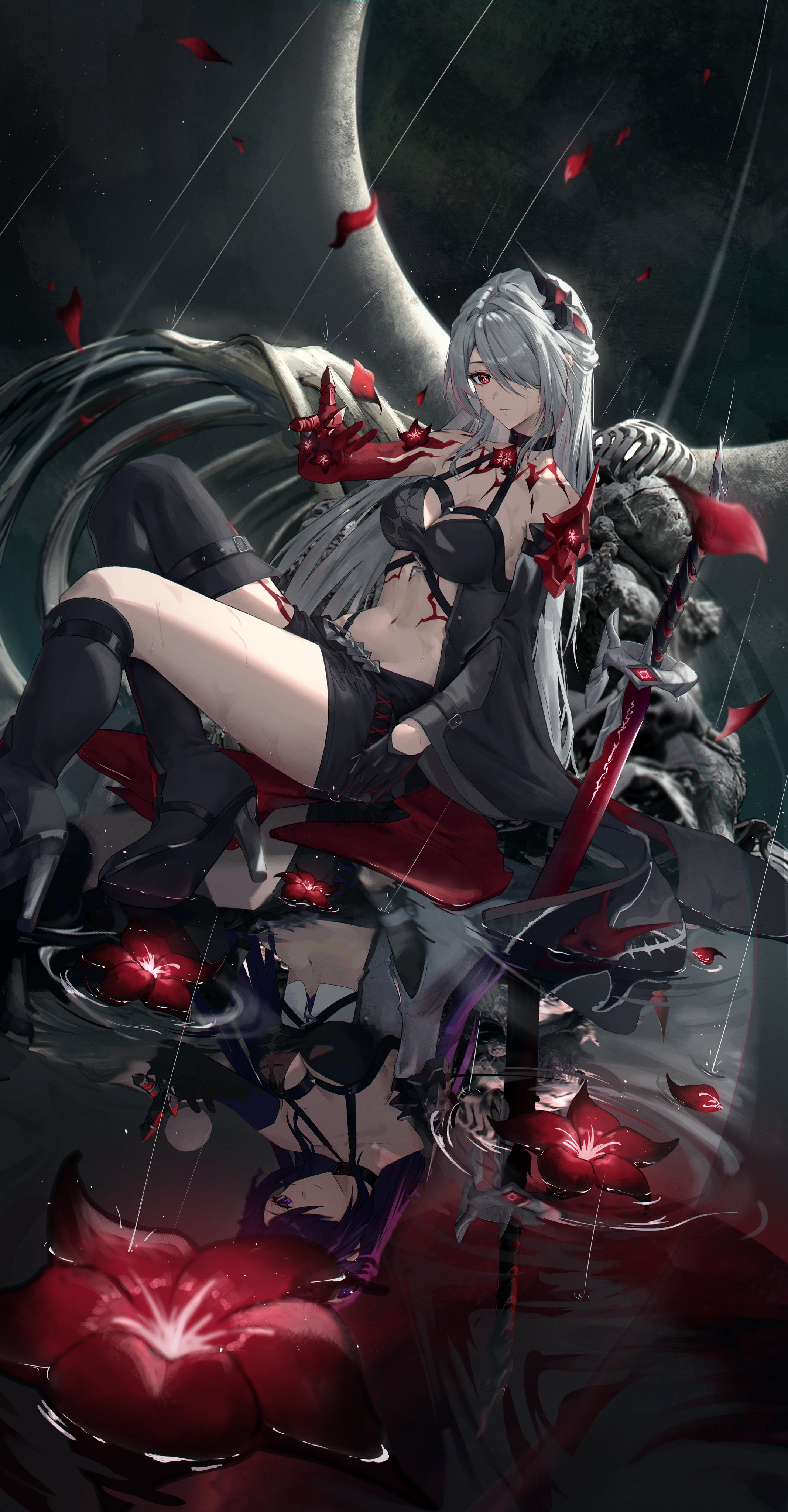 the image is a digital painting of an animestyle woman with long white hair, dressed in a dark gothic outfit with red accents. she is holding a sword, and red petals are falling around her. she is reflected in the water below her, creating a mirrorlike effect. the overall mood is dark, mysterious, and elegant.