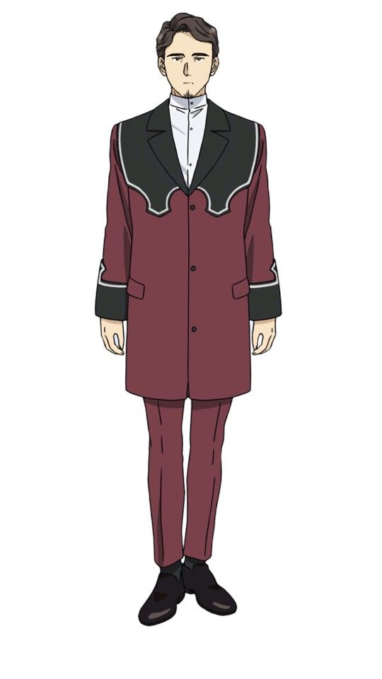 this is a digital illustration of an anime character. the character is a male human standing with his arms by his side. he is wearing a red coat with a black collar and trim. the coat is open, revealing a white shirt and a black necktie underneath. he is wearing red pants and black shoes. he has a serious expression on his face. he looks elegant and welldressed. the style of the art suggests that this is from an anime.