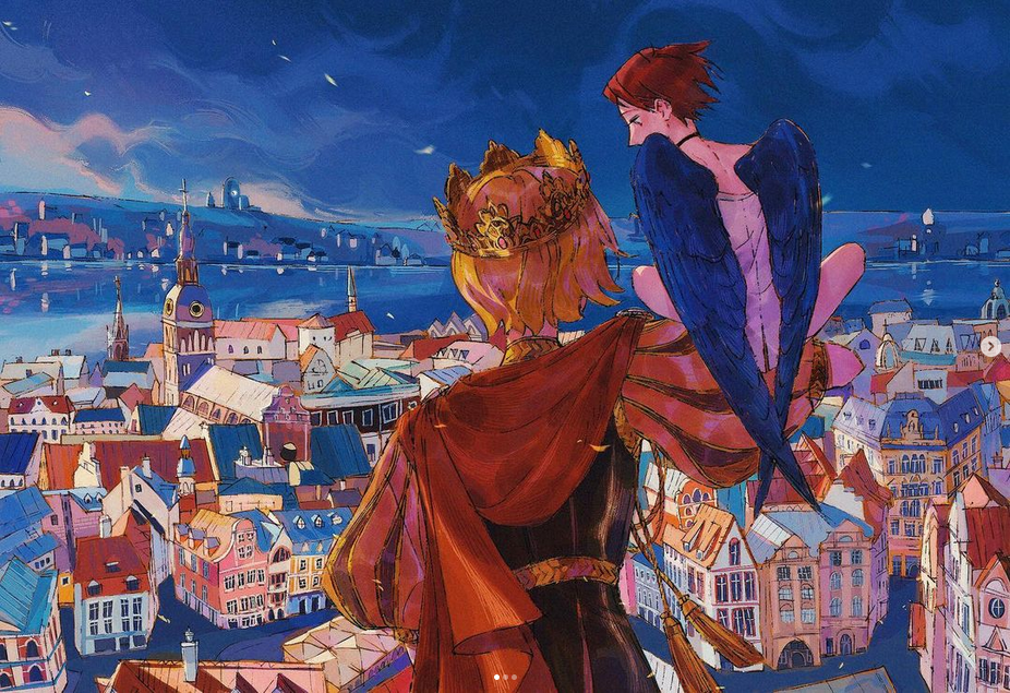 this painting depicts a fantasy scene with two characters on a rooftop overlooking a colorful cityscape. one character, dressed in regal attire and a crown, looks out over the city with their back to the viewer, while the other character is perched on their shoulder, with their wings spread out. the city is filled with various buildings, some of which have intricate details and unique designs. the sky is a deep blue, with a few clouds and stars scattered across it.  the overall feel of the painting is romantic and dreamy, with a hint of mystery and intrigue.