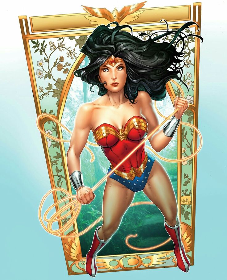 the image depicts wonder woman, a popular dc comics superhero, in a dynamic pose. she is holding her lasso of truth, with her costume including a red and gold bustier, blue briefs with white stars, and red and white boots. she also wears her signature tiara and bracelets. the background features an ornate frame with a floral design, framing a view of a lush forest. the artwork is in a comic book style, with detailed shading and vibrant colors.