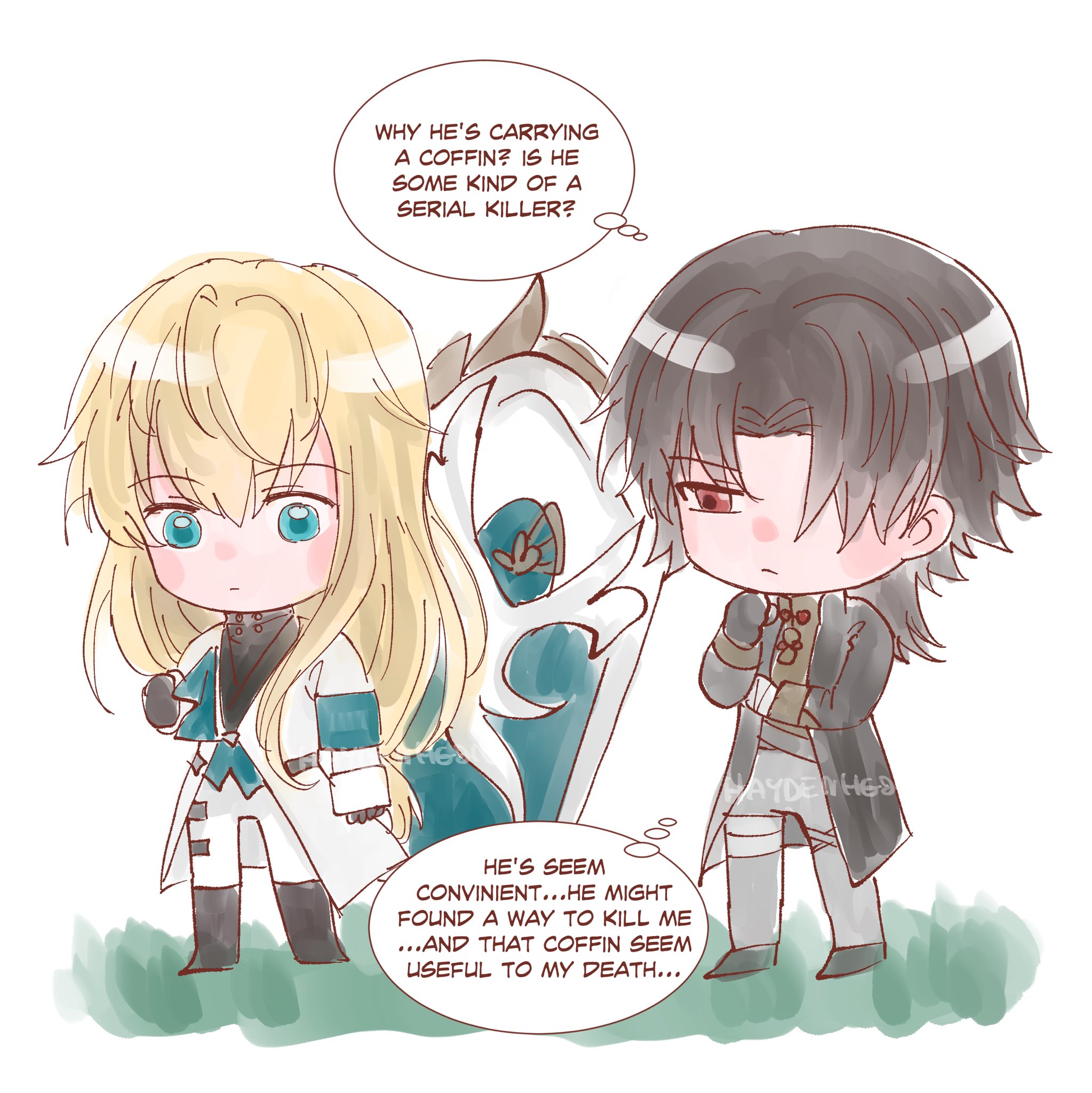this image depicts a cute chibi style drawing of two anime/manga style boys. one is a blonde character with a white coat and a white and blue colored sword and the other is a dark haired character with a black coat. the blonde boy is concerned and confused while the dark haired boy looks suspicious and concerned. the dark haired boy is holding a coffin and the blonde boy is questioning his motives, asking "why he's carrying a coffin? is he some kind of a serial killer?" the dark haired boy thinks to himself, "he's seem convenient..he might found a way to kill me..and that coffin seem useful to my death."  the drawing is in digital color and features a pale pink background and a green shaded foreground.  the illustration is cute and colorful with a darker, more serious tone.