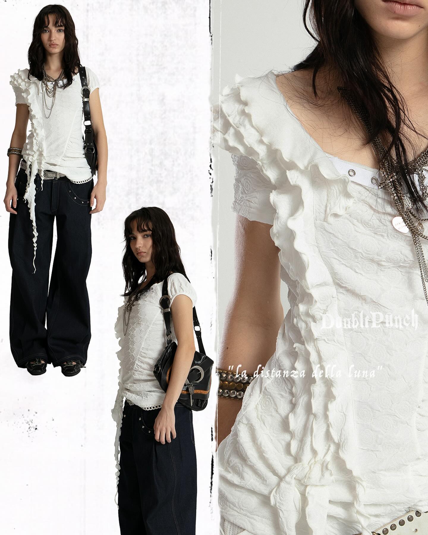 the image showcases a fashion lookbook featuring a white ruffled top. three different women model the top, demonstrating its versatility. the first model wears the top with distressed jeans and various accessories, such as a necklace and bag. the second model wears the top with dark pants and a different bag. the third model only shows the top, emphasizing the details of its ruffles and texture. the overall style is grunge or alternative, with a dark academia touch. the brand "double punch" is visible on the image.