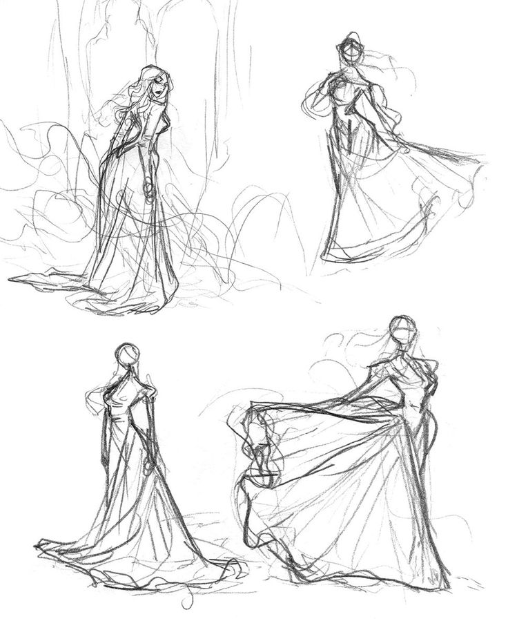 a sketch of four women in long, flowy dresses, each in different poses. the sketches are in a pencil drawing style. they are all standing in different stances, showcasing the movement and drape of the dresses. the lines are flowing and graceful, suggesting movement and elegance.
