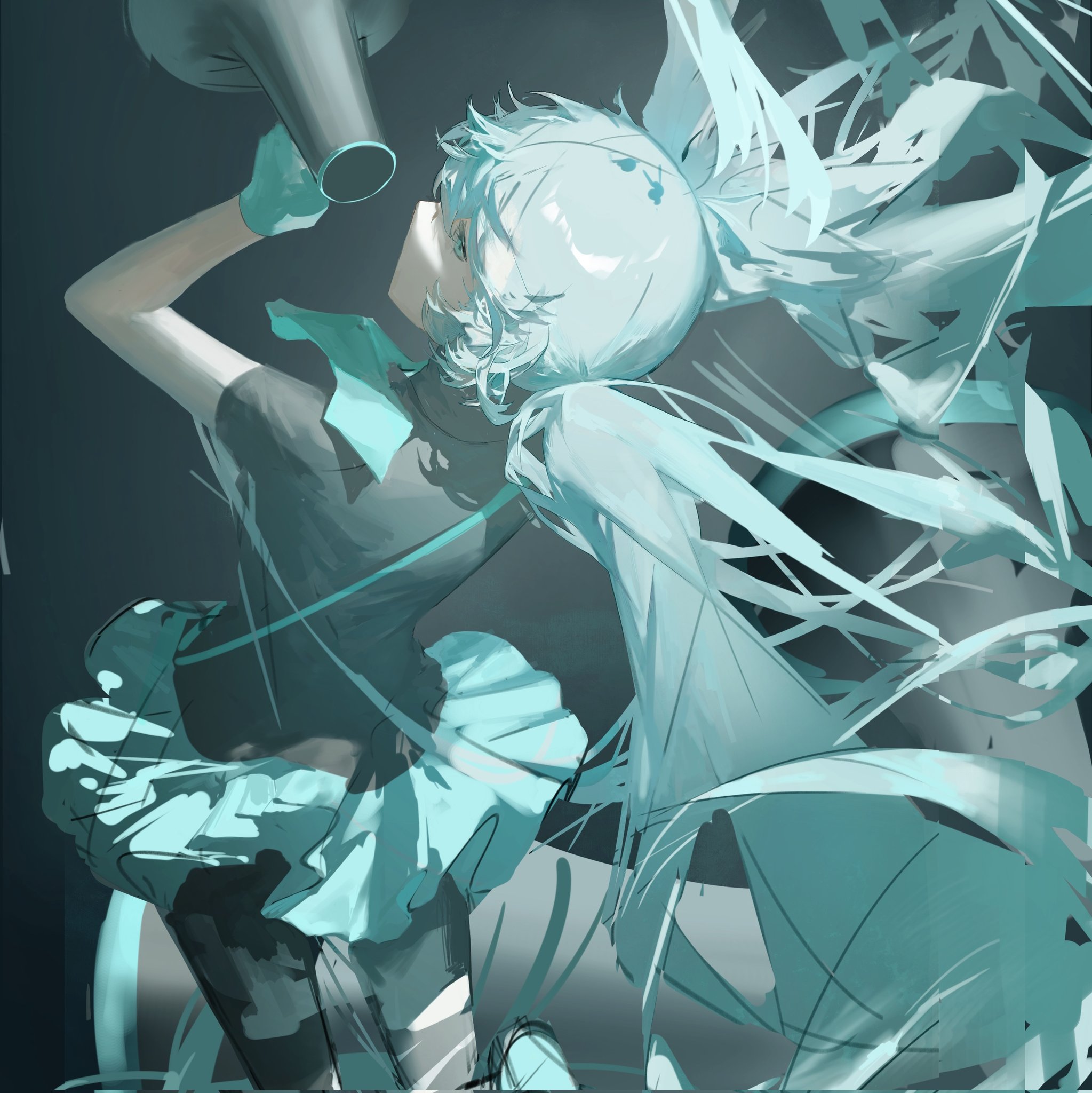 the image is a vibrant digital painting or illustration of a stylized anime girl, strongly resembling hatsune miku. she's depicted in a dynamic pose, holding a megaphone to her mouth as if making an announcement. her hair is a flowing, abstract teal color, almost like ribbons or strands in motion.  the overall color scheme is a range of teals and aquas with hints of darker shades. the art style is expressive and abstract, with loose brush strokes and a focus on conveying energy and movement rather than strict realism.  the background is dark and features undefined shapes that seem to interact with the character's hair and movement. the overall impression is one of powerful energy and dynamism.