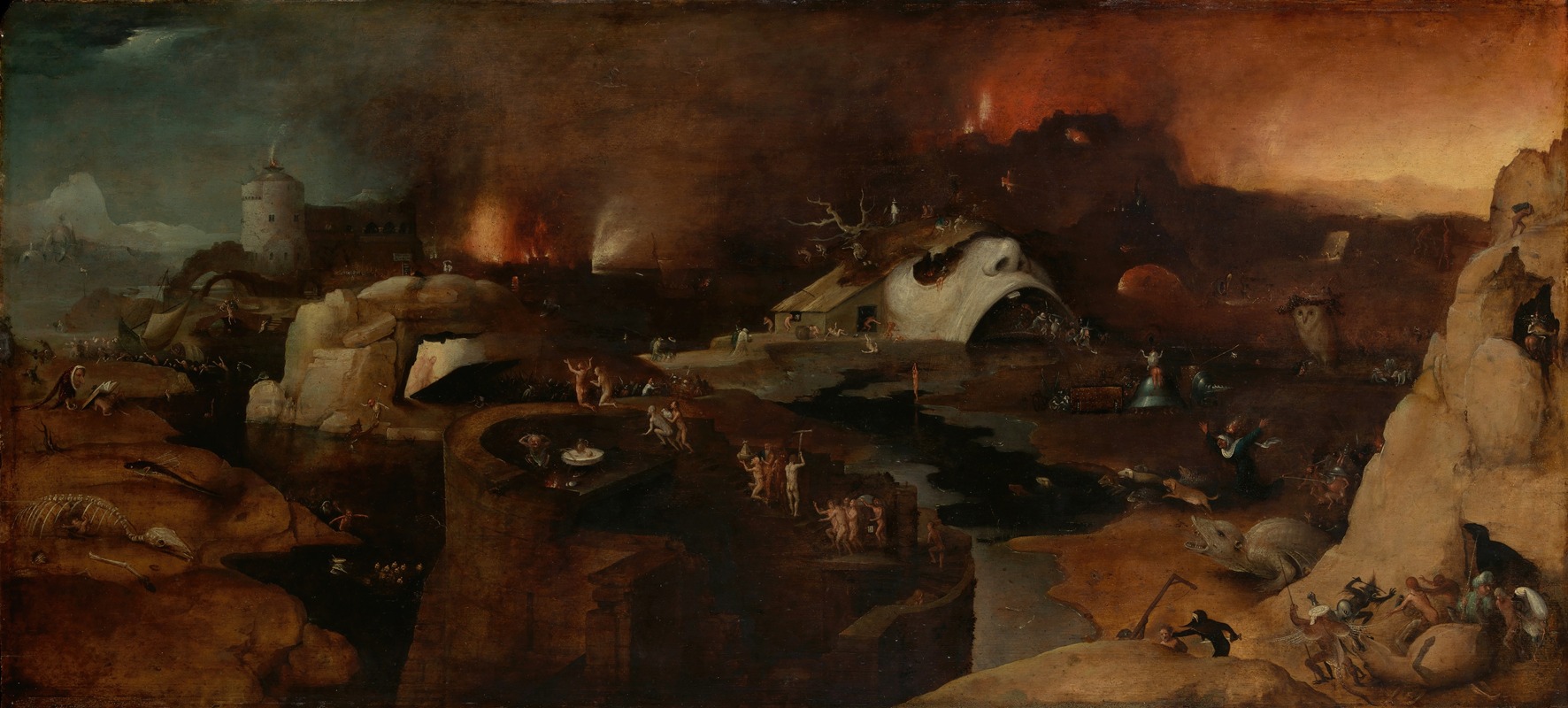 the image is a painting depicting a hellscape, filled with grotesque figures, demons, and scenes of suffering and torture. a dark and burning landscape dominated by fire and destruction. there is a tower on the left, a giant head with an open mouth on the center, and a cave on the right. various human figures are being tormented by demons. the painting evokes a sense of horror and despair, illustrating the punishment of sinners in the underworld.