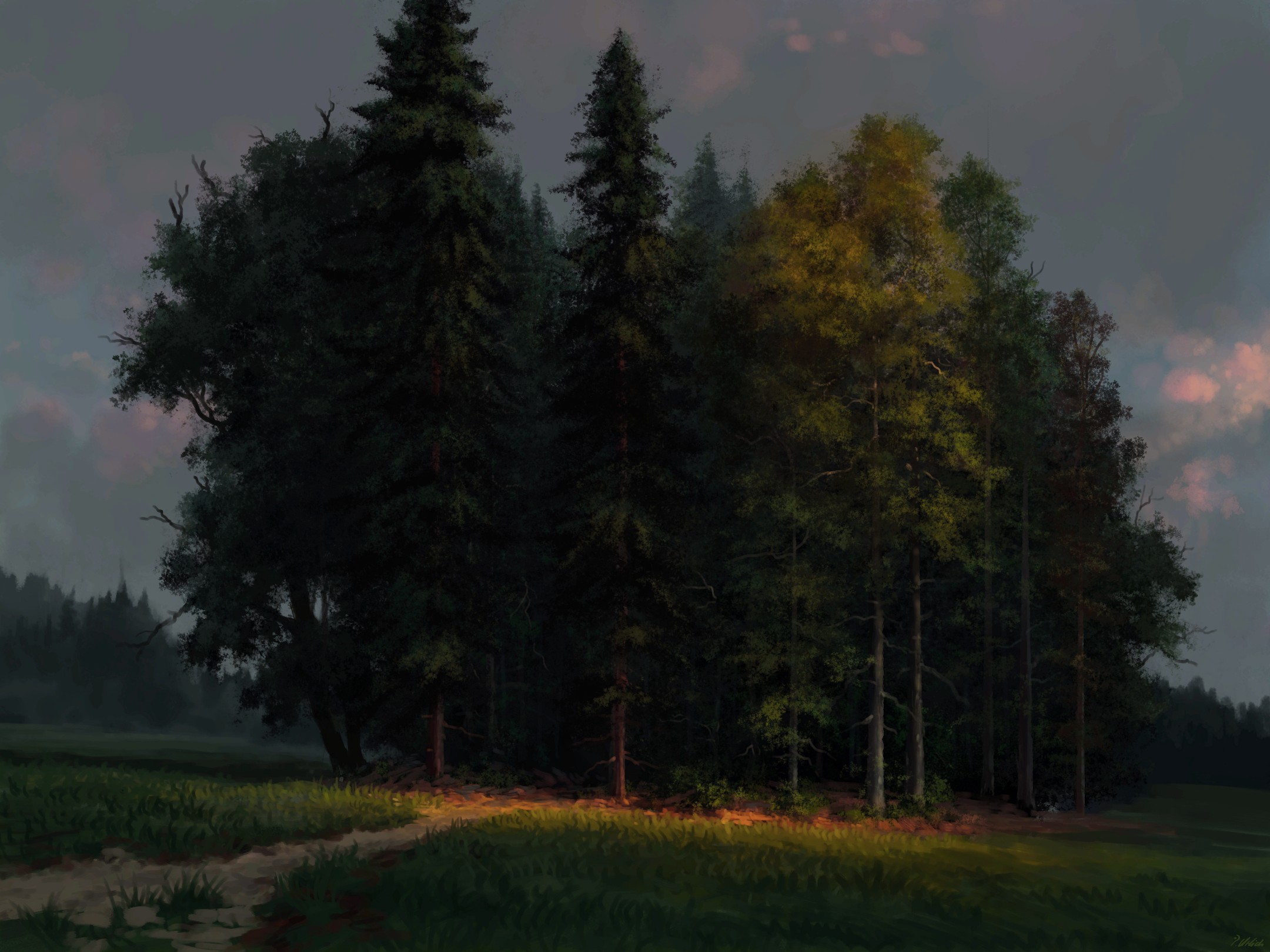 the painting showcases a serene landscape at dusk. a cluster of towering evergreen and deciduous trees dominates the center, their silhouettes stark against a muted, sunset sky.  warm light filters through the leaves, casting long shadows on the grassy field below.  a dirt path winds its way towards the trees, inviting the viewer deeper into the peaceful scene.