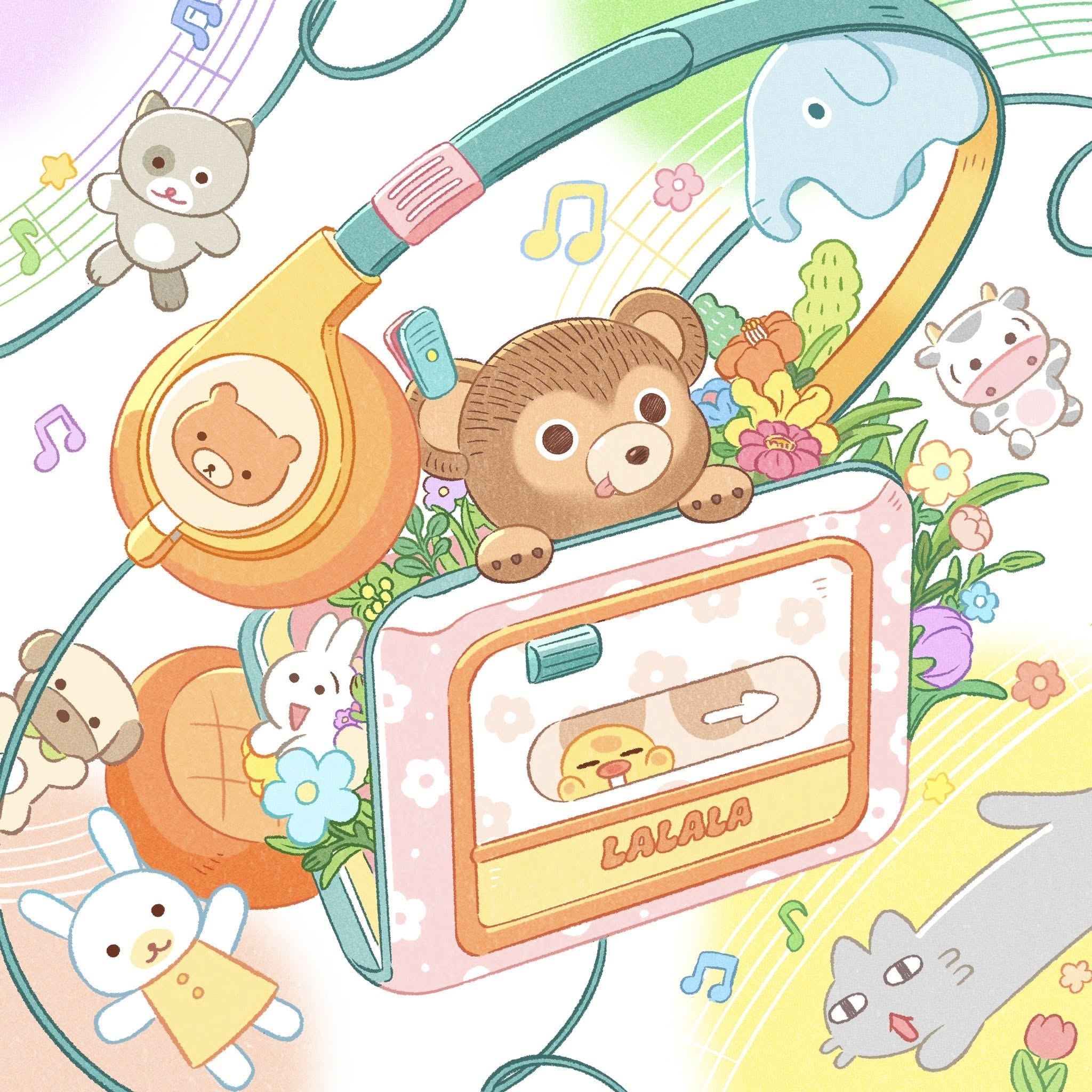 he image is a whimsical, colorful illustration featuring a pastelcolored cassette tape player surrounded by various cute cartoon animals and flowers.  a pair of bright yellow headphones is attached to the tape player, further emphasizing the music theme. the animals include a bear peeking out from the top of the cassette player, a bunny, cat, dog, cow, and elephant playfully arranged around it.  pastel flowers and musical notes add to the cheerful and nostalgic atmosphere.  the overall style is kawaii and evokes a sense of happy childhood memories and a retro aesthetic reminiscent of the 80s or 90s.