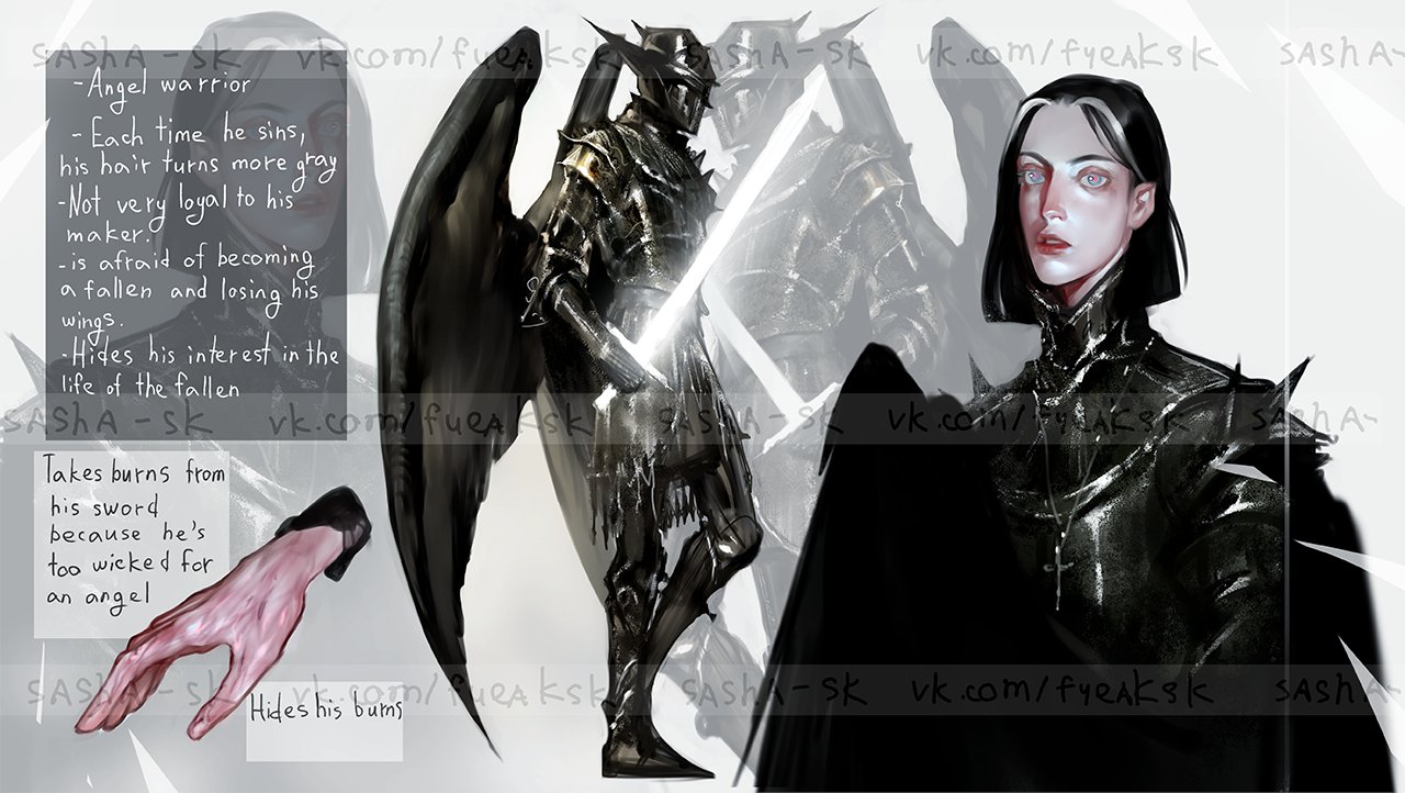 this is a digital character concept art piece featuring an angel warrior struggling with his inner darkness.  it is drawn in a semirealistic style and showcases a detailed character design.  the main character, the angel warrior, is clad in dark, ornate armor with large, feathered wings.  his hair, black with streaks of gray, suggests a history of sin taking its toll. the image is heavily shadowed, with dramatic lighting emphasizing the conflict within the character.  details like a burned hand, caused by the angel's own sword, further emphasize his internal struggle. text descriptions highlight key features of the character's personality and backstory, such as his fear of becoming a fallen angel, his growing wickedness, and his fascination with the lives of the fallen.