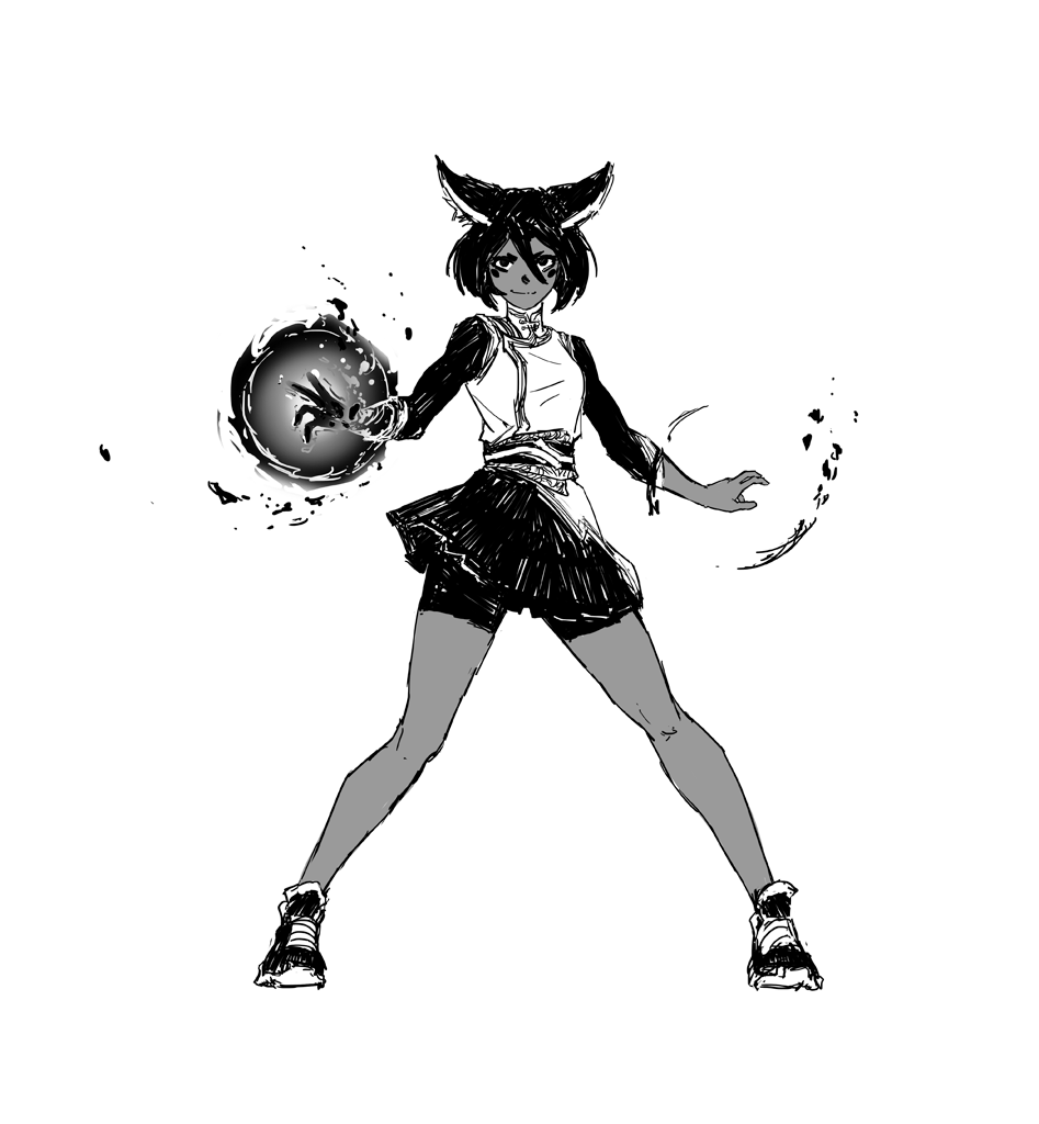 he image is a black and white sketch or digital drawing of an animestyle female character. she has foxlike ears and is depicted in a dynamic pose, seemingly wielding dark magic or energy. she is dressed in a short, darkcolored outfit and boots.  the style is reminiscent of manga or comic art. the background is plain white, focusing attention on the character.  the overall feel is dark, powerful, and slightly edgy.