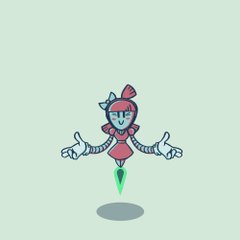 a cute cartoon robot girl with a round head, a pink dress, and white gloves floats against a pale green background. the robot girl has her hands out as if she's balancing and there is a small, bright green triangle below her.