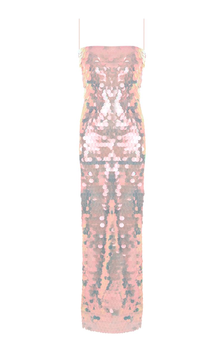 a pink sequin, strapless dress with a silver undertone. the dress is floorlength.