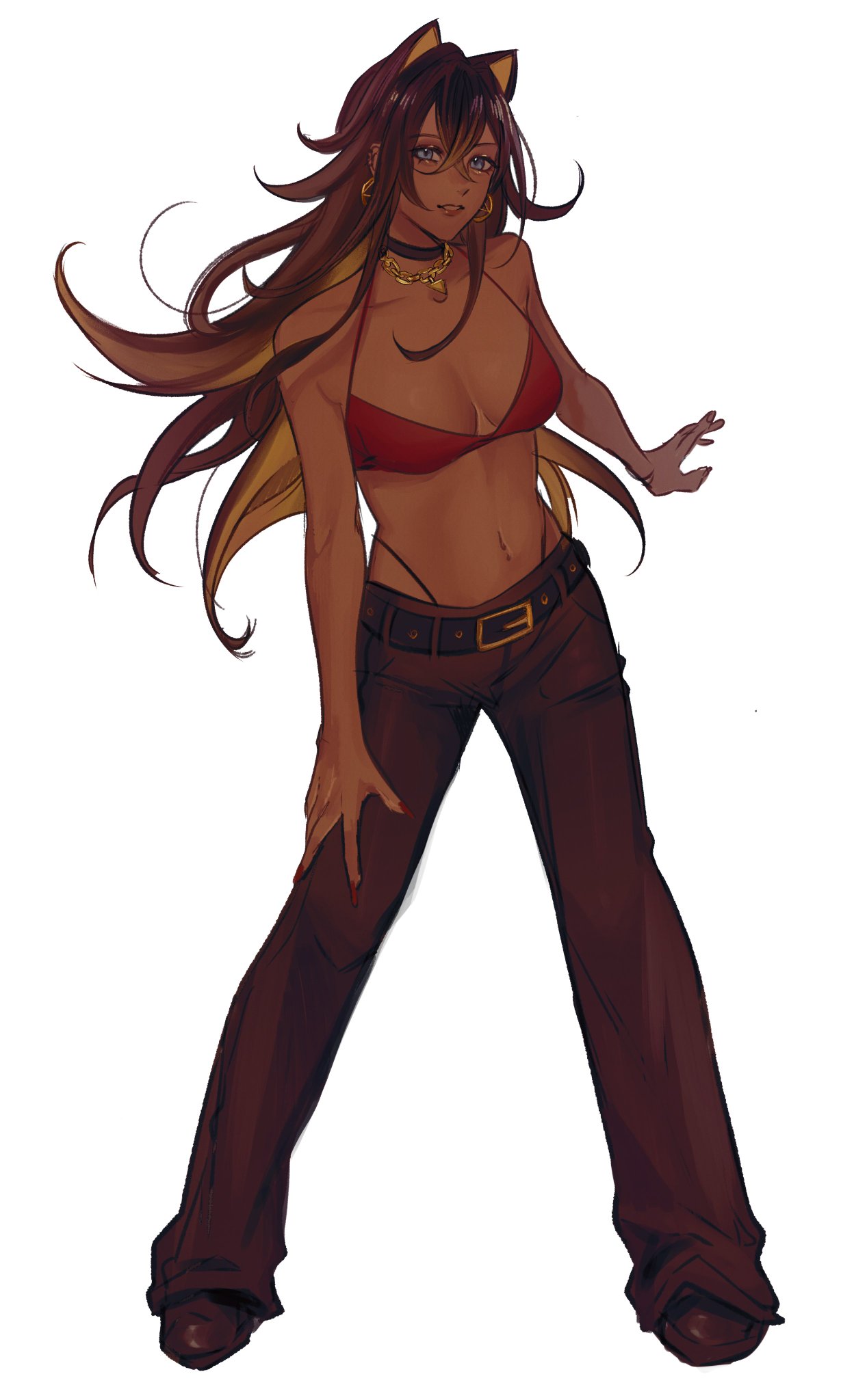 the image shows an anime woman with long brown hair with yellow highlights. she is wearing cat ears, black sunglasses, a red top and brown pants. she has a belt with a buckle on her pants. the woman is standing confidently, posing with her hands on her hips.