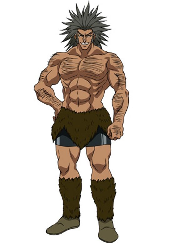 a muscular, hairy anime character with a loincloth and boots. he is standing with his arms at his side and has a fierce look on his face. the background is white.