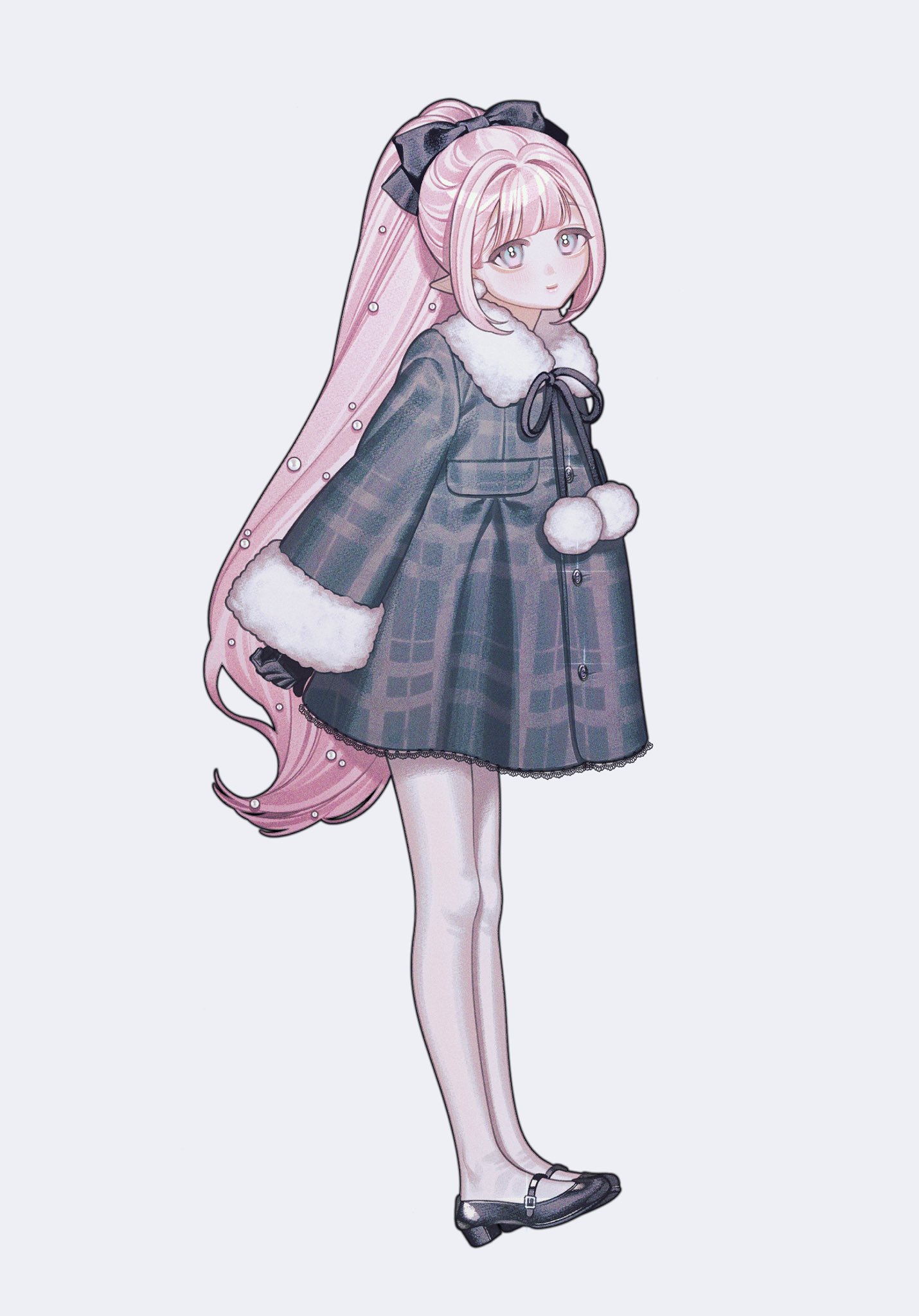 he image is a digital drawing of an animestyle girl with long, light pink hair styled in a high ponytail with a black bow.  she's wearing a darkcolored plaid coat with white fur trim, and dark shoes. she has pale skin and a sweet expression.  the art style is soft and slightly muted in color palette. the girl is depicted standing in a threequarter view, her body slightly angled. the background is a plain, light gray.