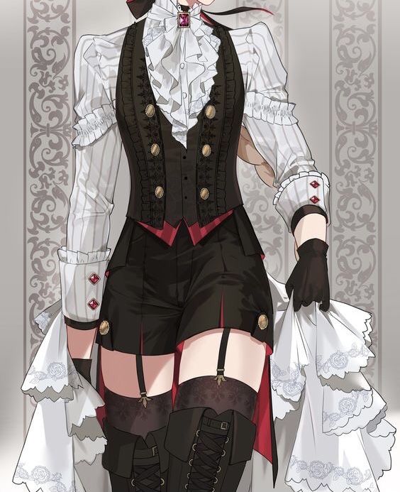 a digital drawing depicts a male anime character in an elaborate victorianinspired outfit. he wears a striped white shirt with multiple layers of frills and ruffles, adorned with a dark vest featuring gold buttons. below, he sports black shorts with red trim, held up by garter belts connected to patterned stockings. black, laceup boots complete the legwear. he has gloves and is holding a white, laceedged garment. the background is decorative, featuring neutral tones with intricate designs. the overall style is formal and elegant.
