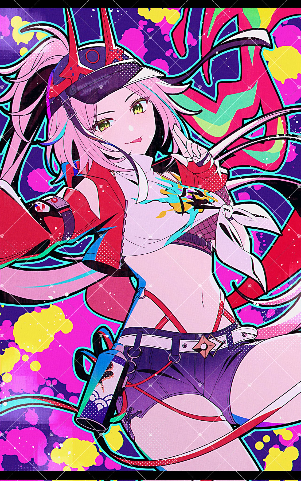 the image features an anime girl with pink hair, wearing a red jacket and blue shorts. she is holding a spray paint can and is surrounded by colorful graffiti. she is smiling and posing confidently. the overall mood of the image is vibrant and energetic.