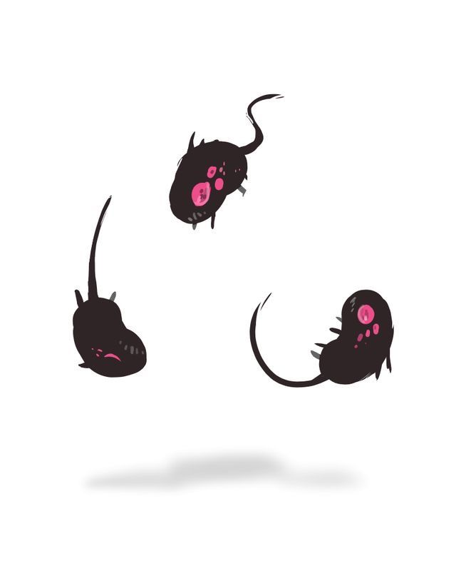 the image shows an illustration of three black, cartoonish creatures with pink spots hovering above the ground, casting a shadow. they each have a tail and multiple small legs.