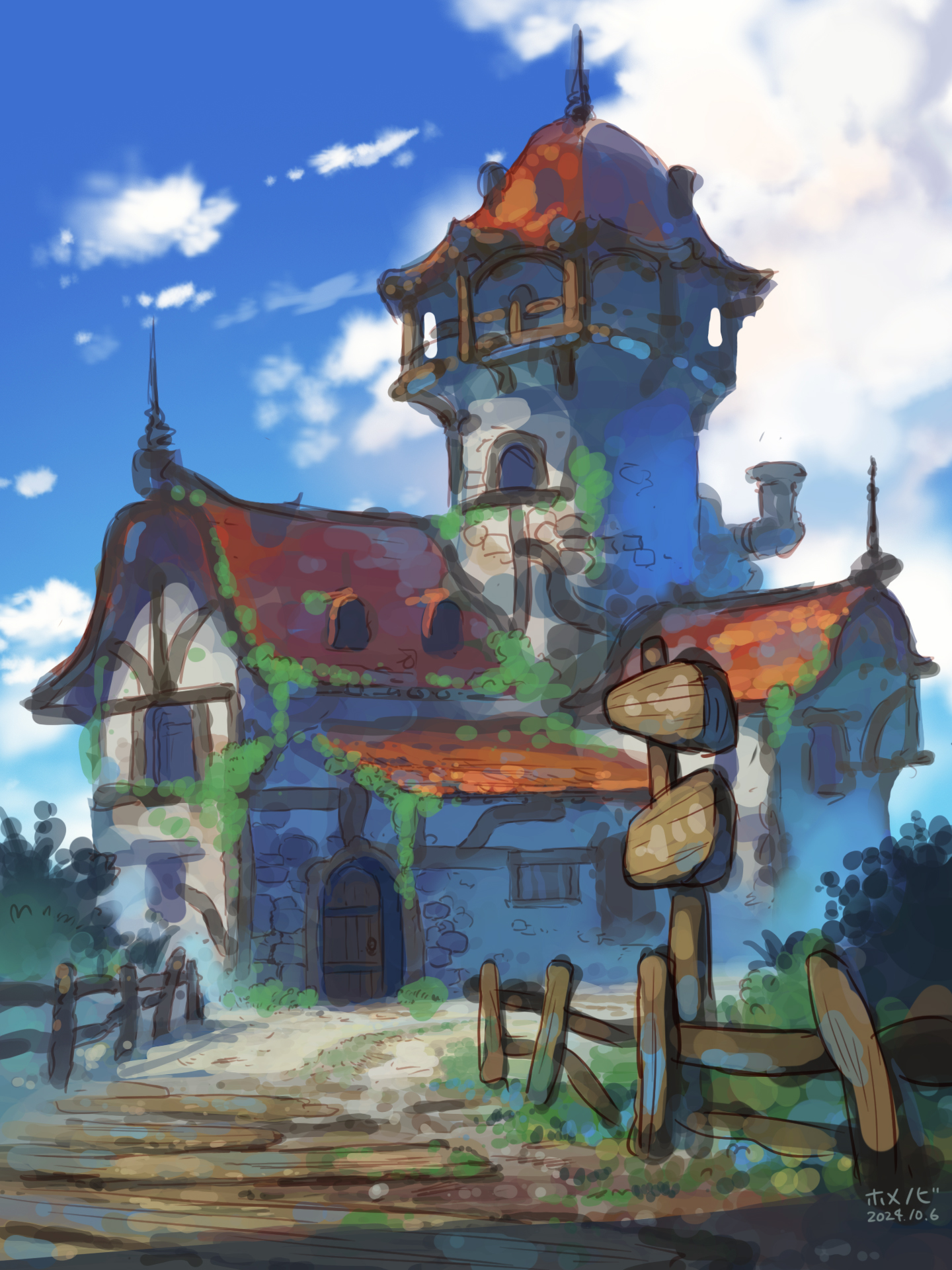 the image is a digital painting depicting a charming, whimsical, fantasystyle building.  the structure resembles a medieval cottage or small inn, featuring a stone base, redtiled roof, and a prominent tower with a slightly conical top.  ivy or vines grow along its walls, adding to its rustic charm.  the building is situated in a quaint countryside setting, with a dirt path leading to its entrance. a simple wooden fence and a weathered signpost are visible in the foreground.  the sky is a bright blue with fluffy white clouds, conveying a sunny and idyllic atmosphere.  the overall style suggests concept art for a game or a children's book illustration.