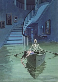 an illustration depicts a skeleton rowing a boat with a woman sitting in the front, with a flooded room and a grand staircase in the background.